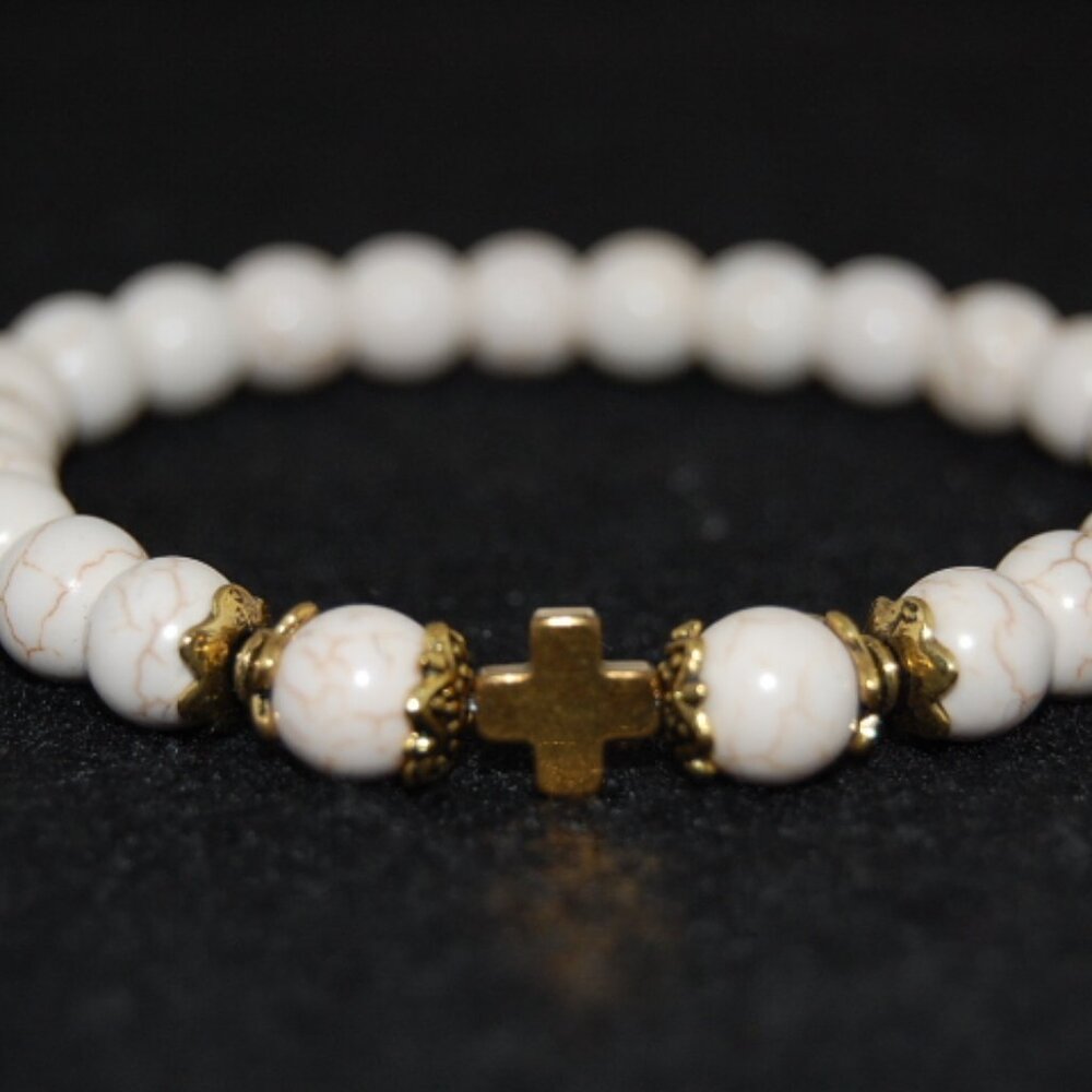 Cross Bracelet,White Howlite Bracelet,Golden Cross Bracelet,White Bracelet